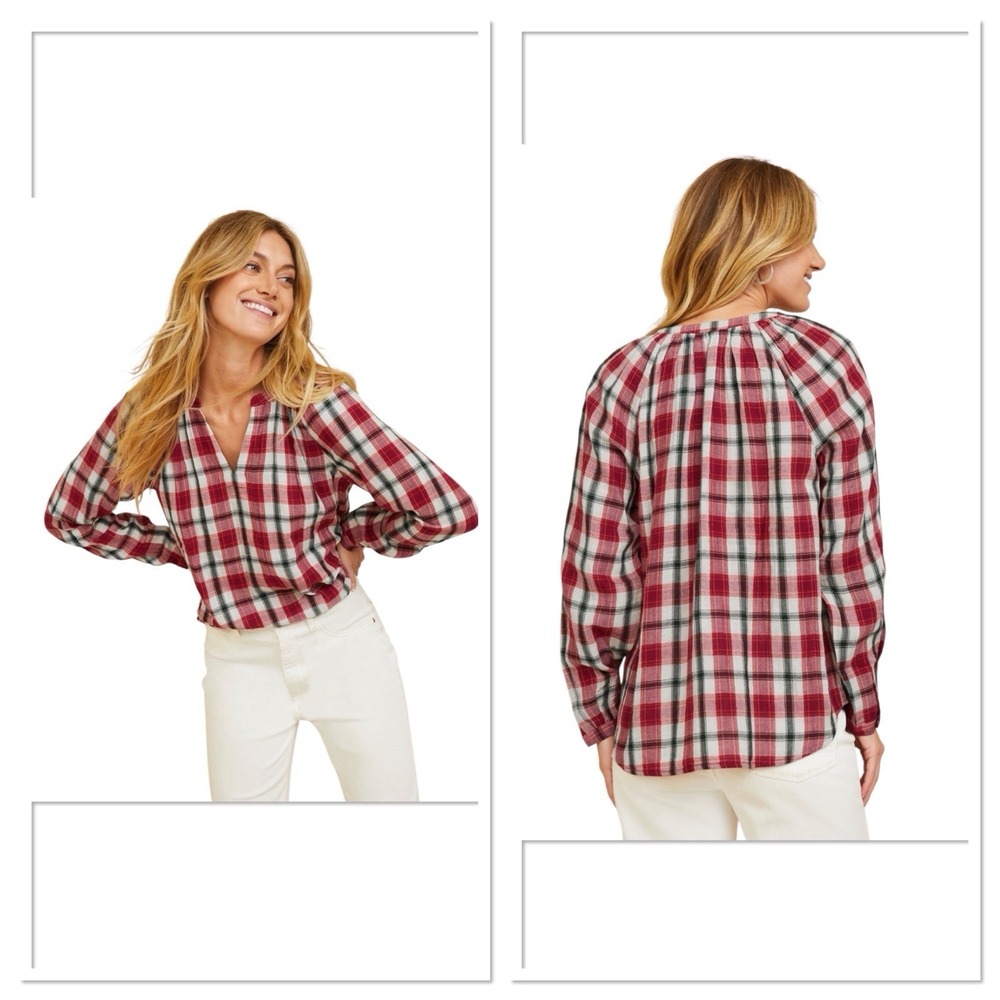 Garnet Hill Organic-Cotton Gauze Plaid Popover Women XL Red Multi Blouse NWT